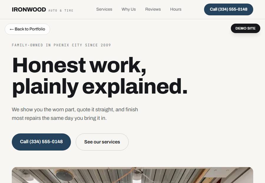 Ironwood Auto & Tire demo site homepage.