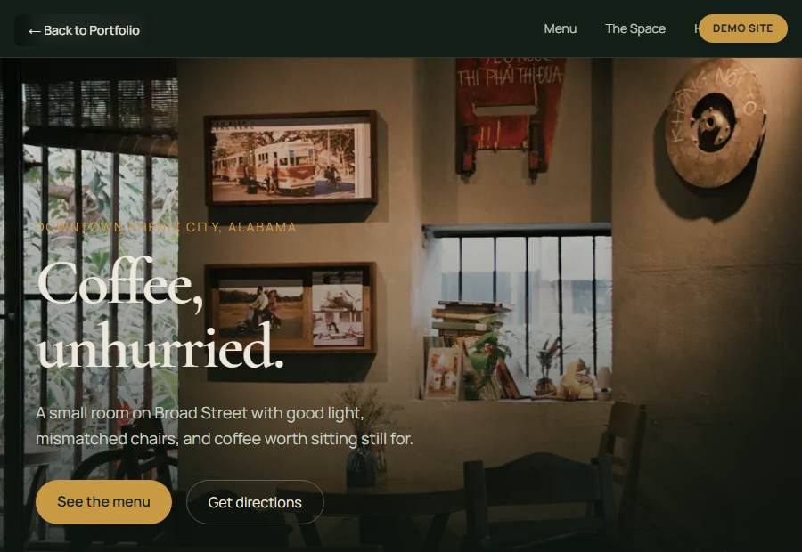 Kettle & Grain Coffee Co. demo site, scrolled to show the hero and menu section.
